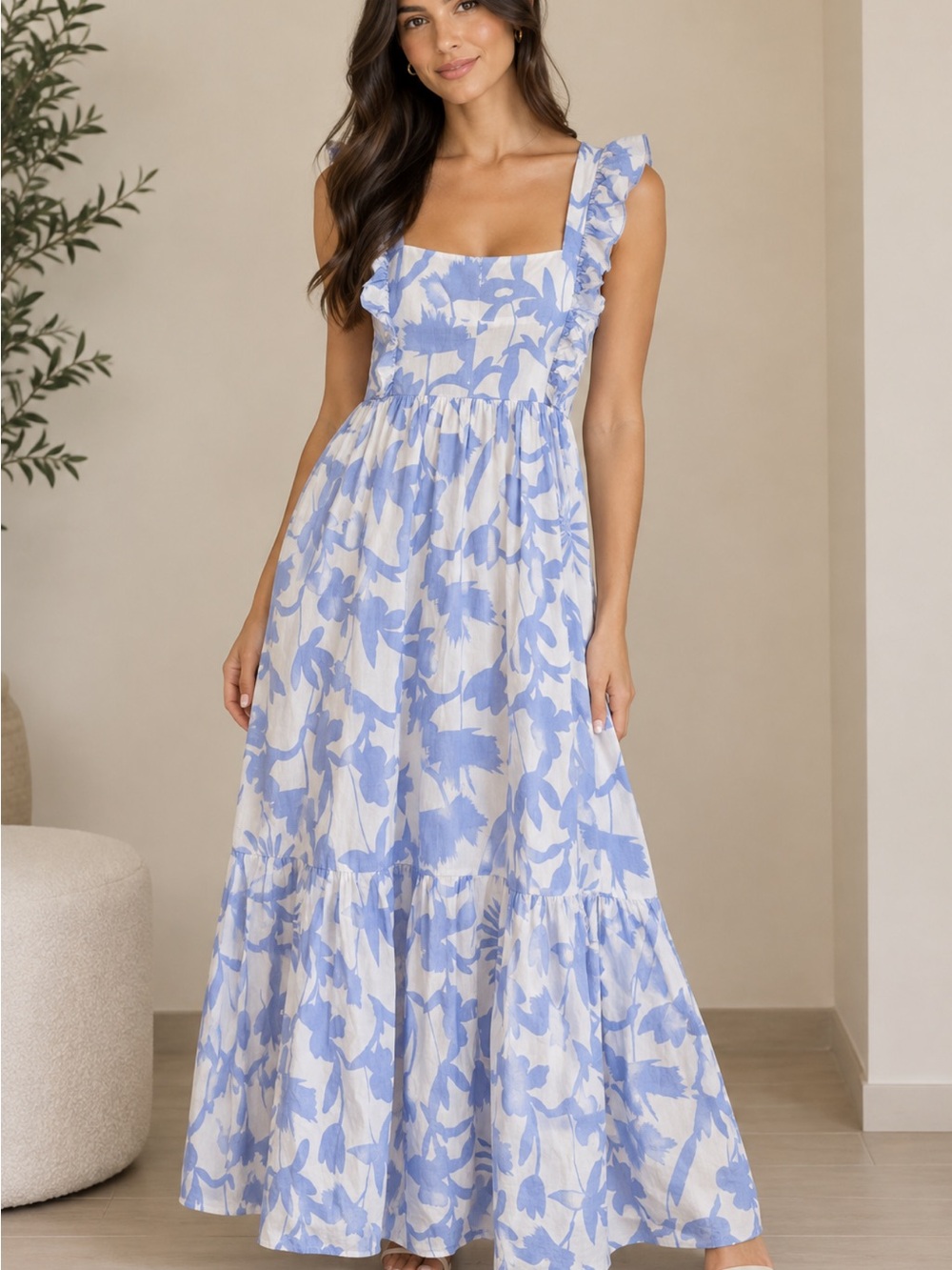 Aakaa White Maxi Dress with Light Blue Floral Print and Ruffle Straps, size S.